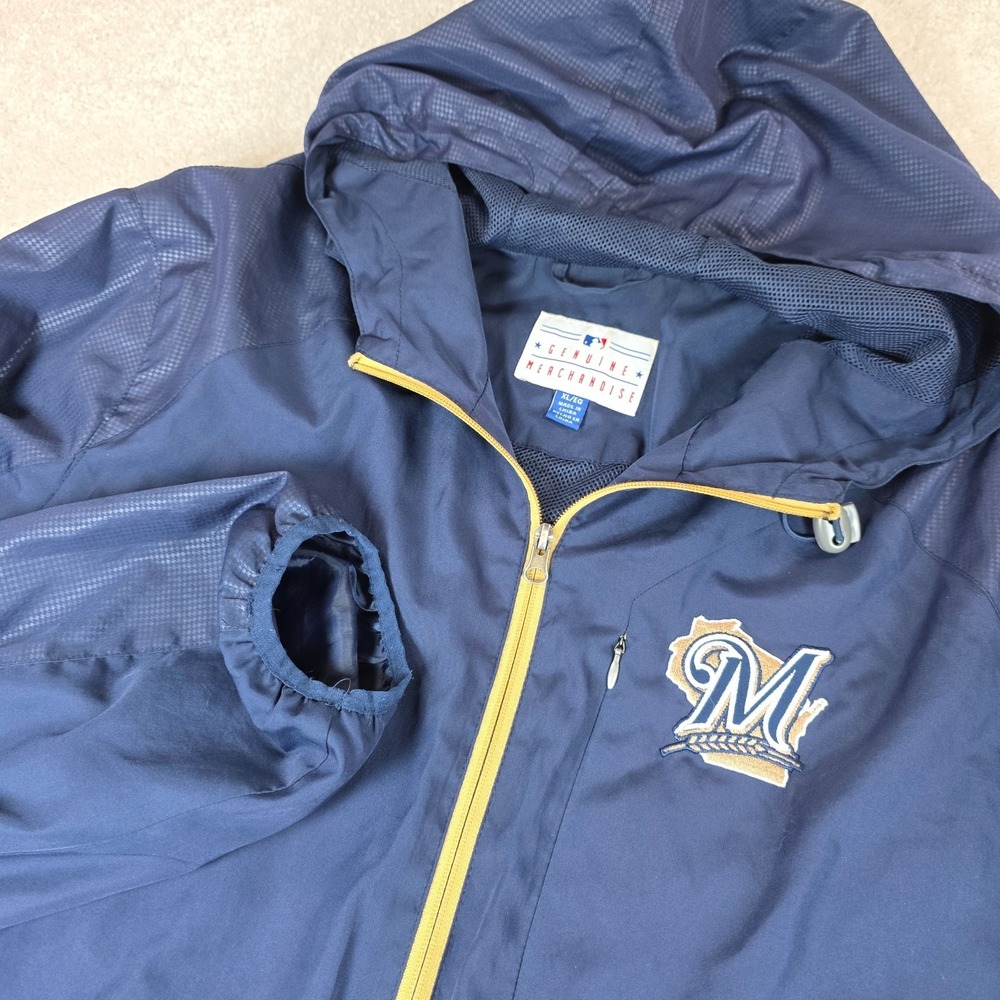 Milwaukee Brewers MLB Genuine Merchandise Windbreaker Jacket Mens XL Blue Hooded